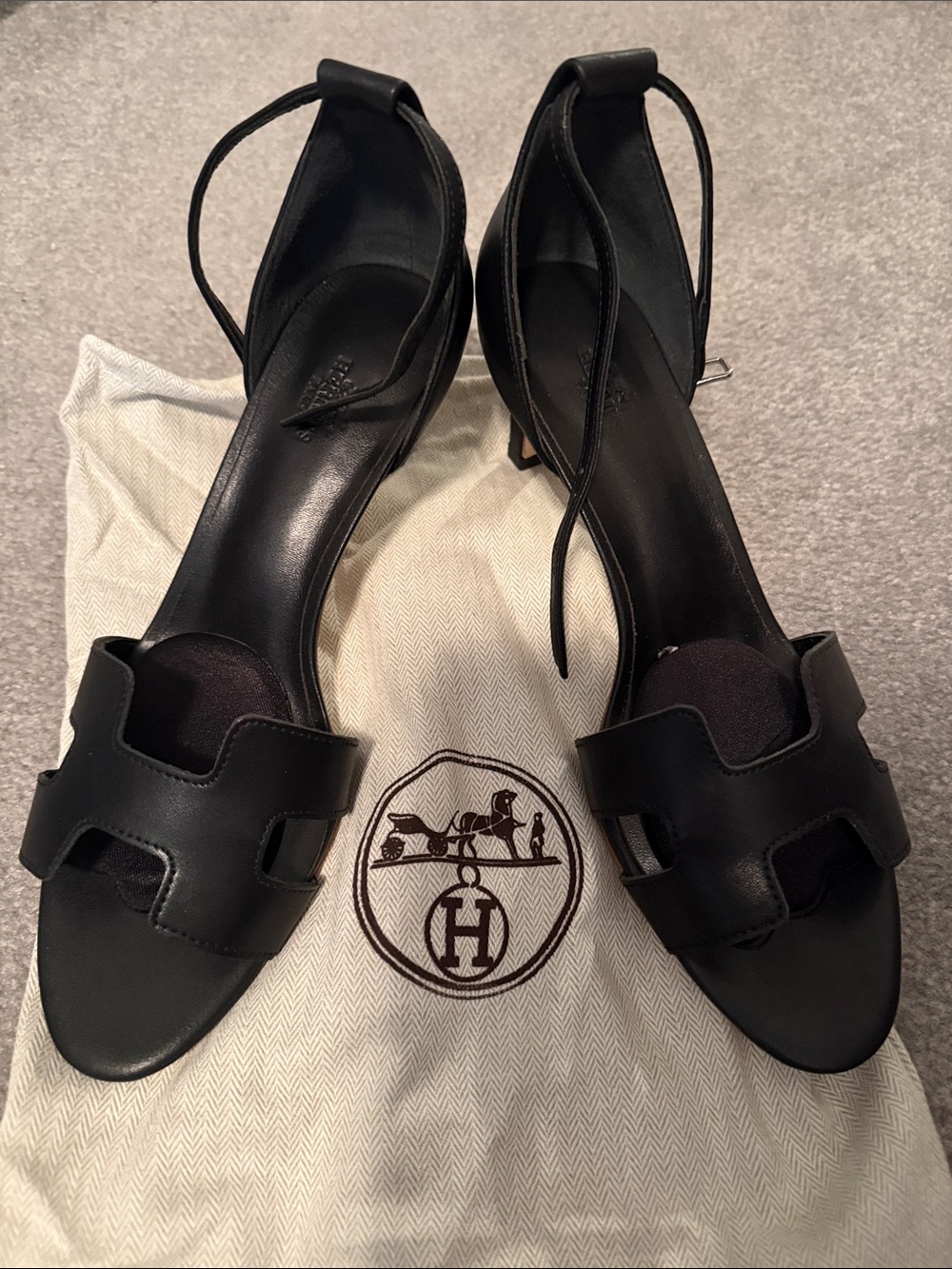 Hermes Black Leather H-Cut Ankle Tie Heels
